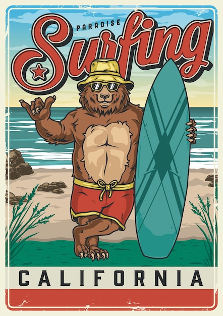 Вектор Винтажный красочный плакат клуба серфинга
