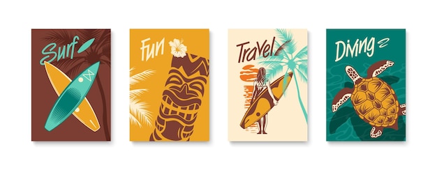 Vector surfing color hand drawn poster set