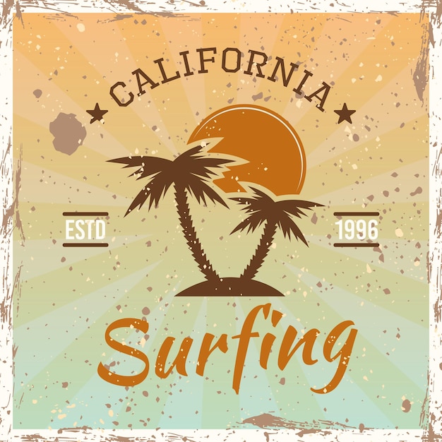 Vettore surf colorato emblema vintage, distintivo, etichetta o logo con palme e illustrazione vettoriale tramonto su sfondo luminoso