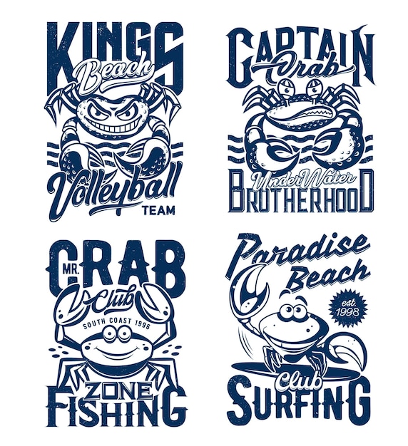 Surfing and fishing club beach volleyball team tshirt print with crab mascot Angry and happy crabs character clenching teeth smiling and clicking claws engraved vector Coast leisure apparel print
