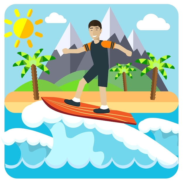 서핑 플랫 벡터 창의적인 개념 그림, 서핑 보드, 섬, 야자수, 산, 화창한 날씨를 타고 있는 남성, 배너 및 포스터