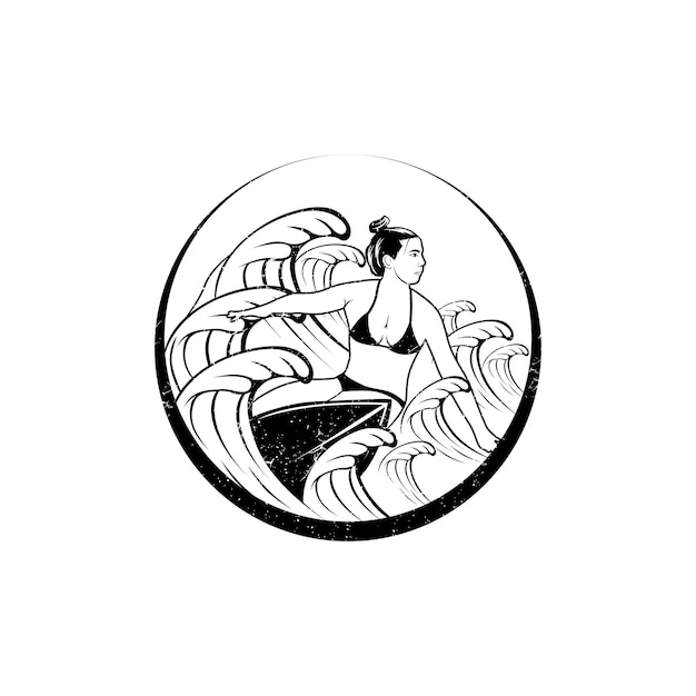 Серфинг девушка логотип векторные иллюстрации черно-белые