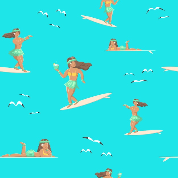 THE SURFING GIRLS IN SOME DIFFERENT POSSES  FLAT SEAMLESS PATTERN PREMIUM VECTOR