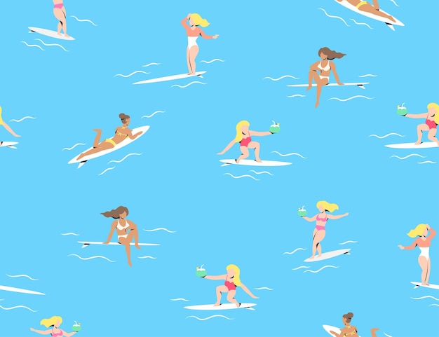 The surfing girls in some different posses flat seamless pattern premium vector