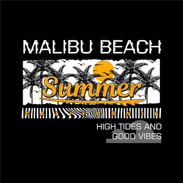 surfing malibu beach on summer time graphic t shirt vector print