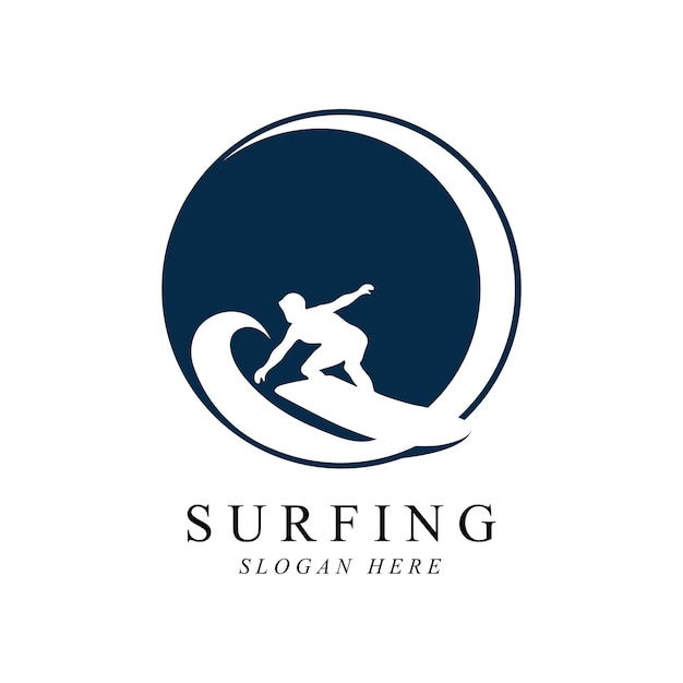 Disegno del modello vettoriale del logo dell'uomo di surf