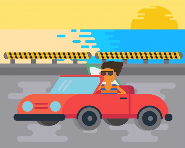 Vector surfing man on the way to the beach by a cool car