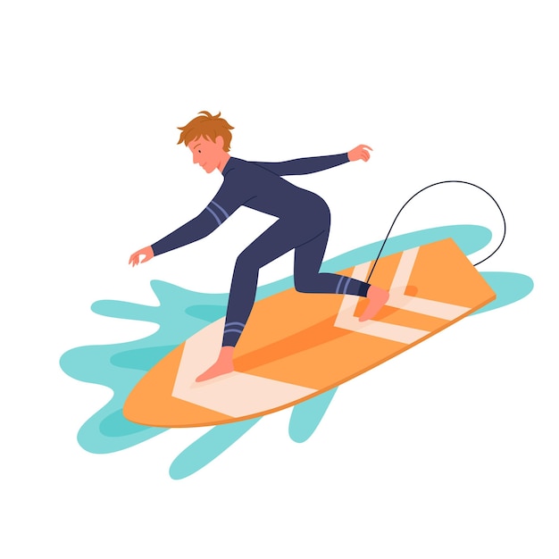 Uomo di surf in muta sulla tavola da surf illustrazione vettoriale. cartone animato attivo felice giovane personaggio surfista sulla tavola da surf che cattura l'oceano o l'onda del mare, praticando sport acquatici estremi isolati su bianco