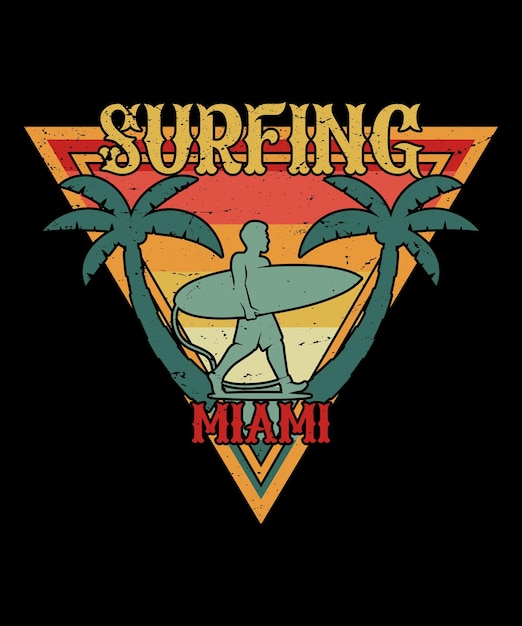 Серфинг в Майами-Бич, пальмовое дерево, закат, стиль, ретро-винтажный вектор дизайна футболки