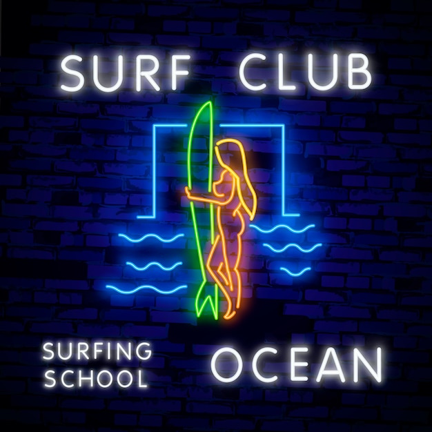 Surfing poster in neon style.