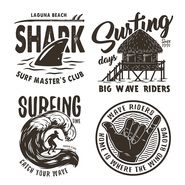 Vector surfing print bungalow shark hand surfer wave