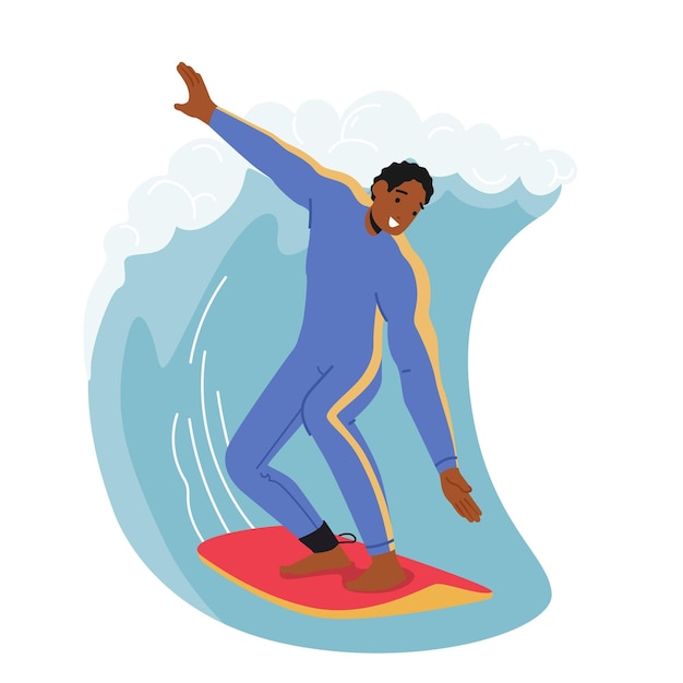 Вектор Серфинг расслабьтесь в океане молодой человек серфер в купальнике сохраняет равновесие на борту верховая езда на большой морской волне активная жизнь