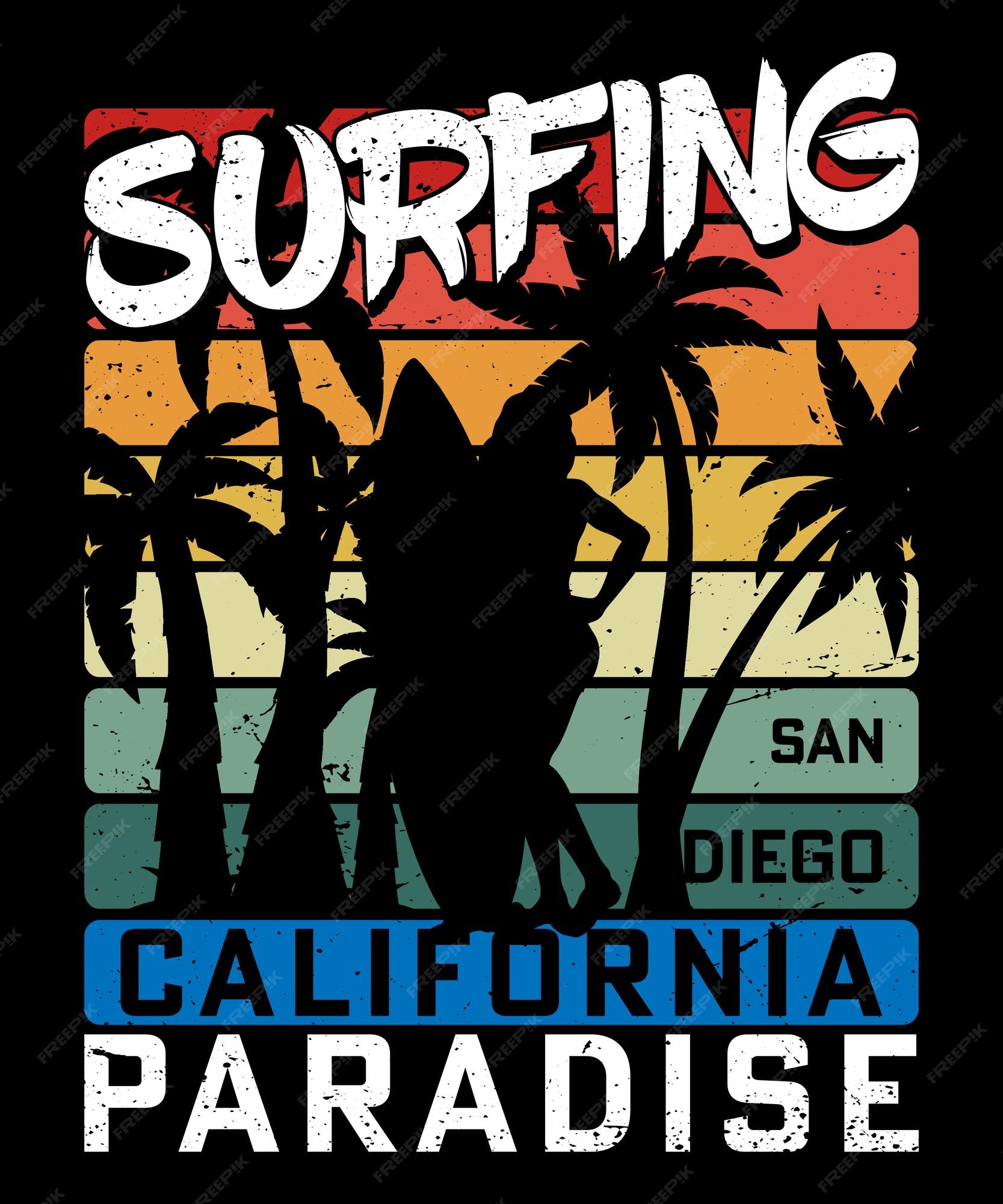 Premium Vector | Surfing san diego california paradise palm tree sunset ...