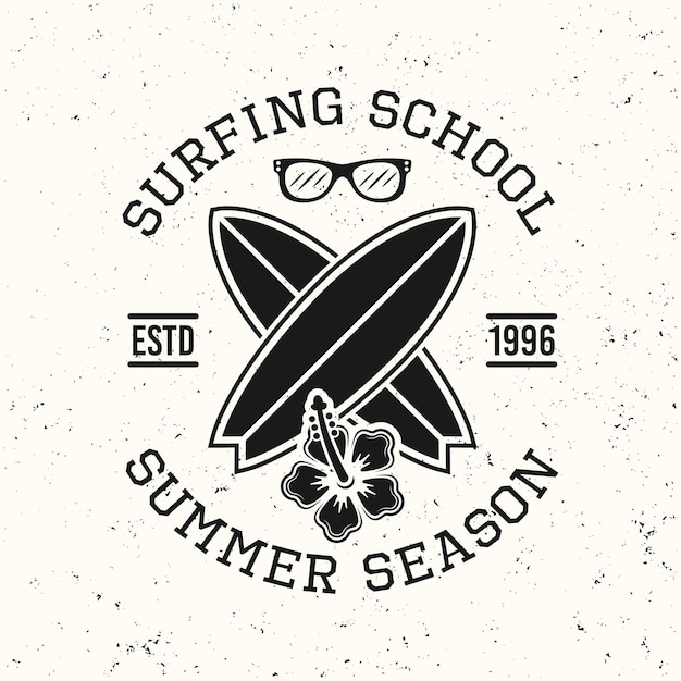 Vector surfing school black vintage emblem, badge, label or logo vector illustration on white textured background