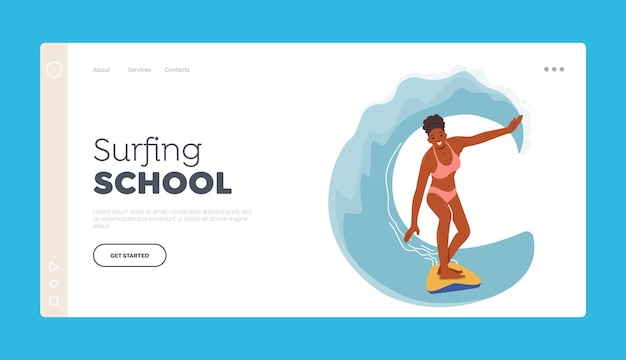 Vector surfing school extreme fun landing page template young woman surfer character in bikini stand on surfboard on sea wave