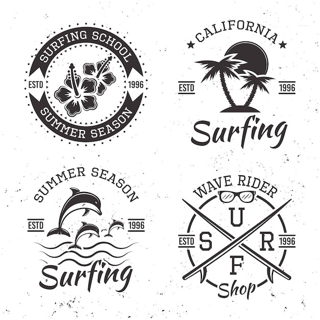 Surfing set of four black emblems