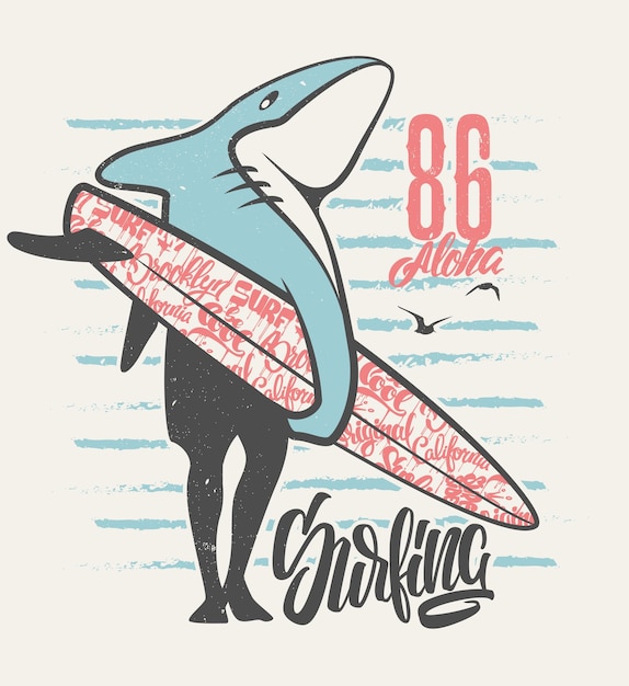 Vector surfing shark - print voor jongenskleding in aangepaste kleuren - grunge-effect in aparte laag