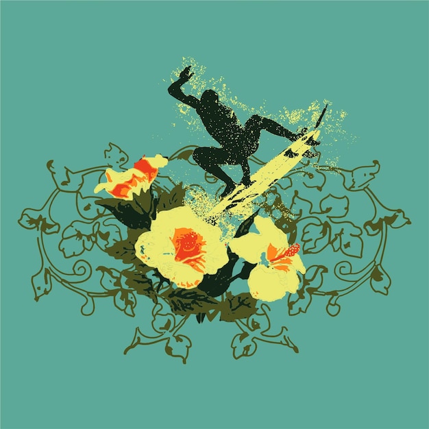 Surfing silhouette with flowers vector