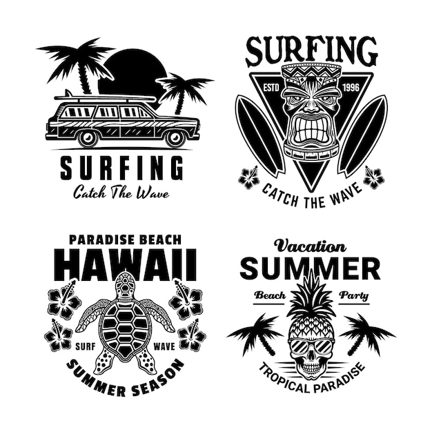 surfing and summer vacation set of vintage emblems with tropical beach waves surfboards palm trees and sunsets perfect for tshirts and retro style designs