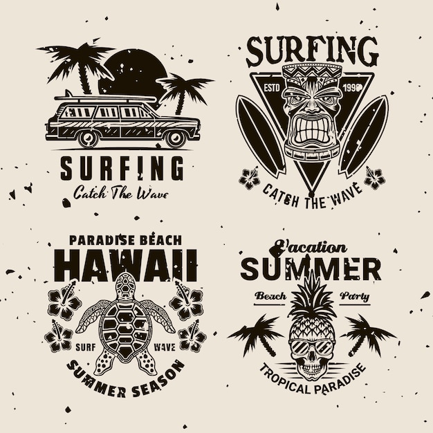 surfing and summer vacation set of vintage emblems with tropical beach waves surfboards palm trees and sunsets perfect for tshirts and retro style designs