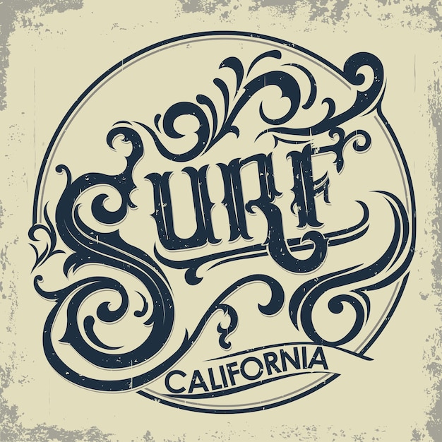 Progettazione grafica di t-shirt da surf. i surfisti della california con scritte a mano indossano l'emblema della tipografia. design creativo. vettore