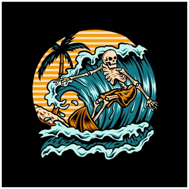 Surfing T-shirt Vector Designs. Vector Logo Illustration with Skeleton Surfer.