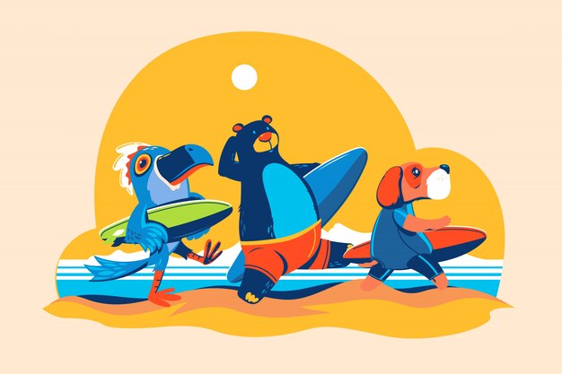 Vector surfing time. bear, rio bird, and dog go to surfing at beach