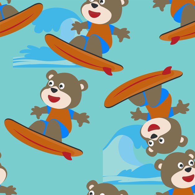 Surfing time with cute little bear at summer Seamless pattern texture