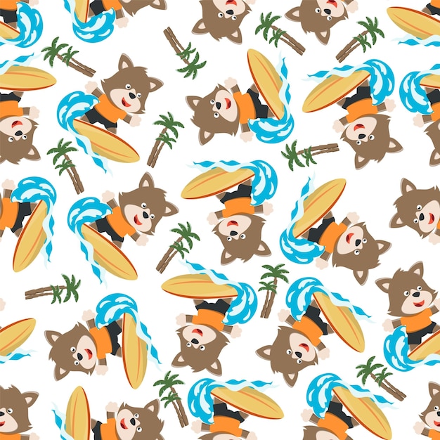 Surfing time with cute little fox at summer Seamless pattern texture for fabric textile