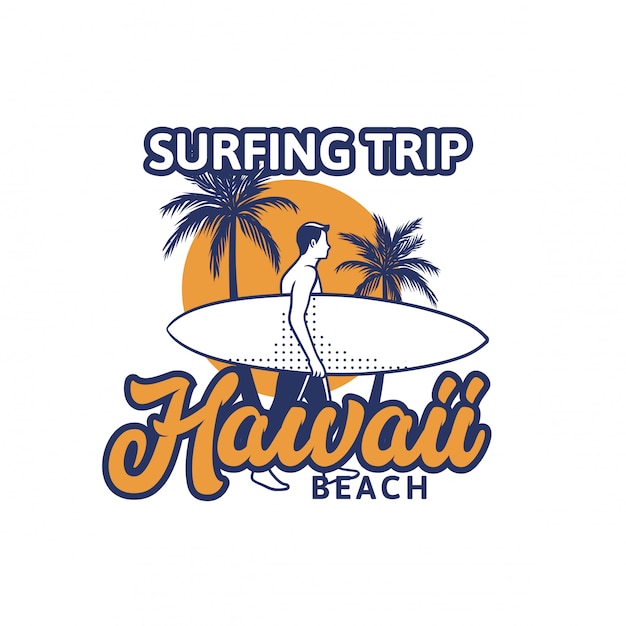 Surfing trip hawaii beach illustration in vintage style