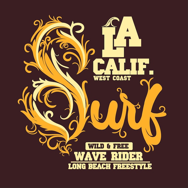 サーフィン t シャツ グラフィック デザイン カリフォルニアのサーファーは、タイポグラフィを着用します。
