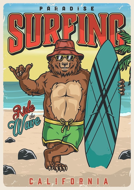 Винтажный красочный плакат для серфинга