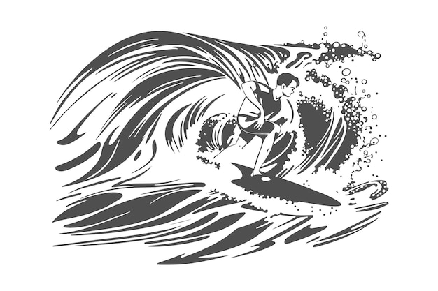 Vector surfing on a wave in the ocean surf rider on big waves surfer vector illustration