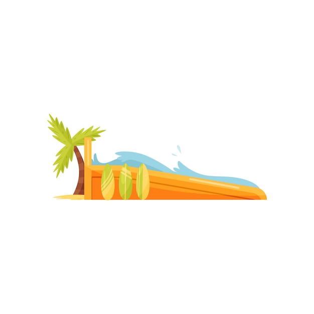 Surfing wave pool surfboards and palm tree Extreme water attraction Aqua park equipment Recreation and entertainment theme Colorful vector illustration in flat style isolated on white background