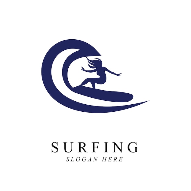 Surfing woman logo vector template design