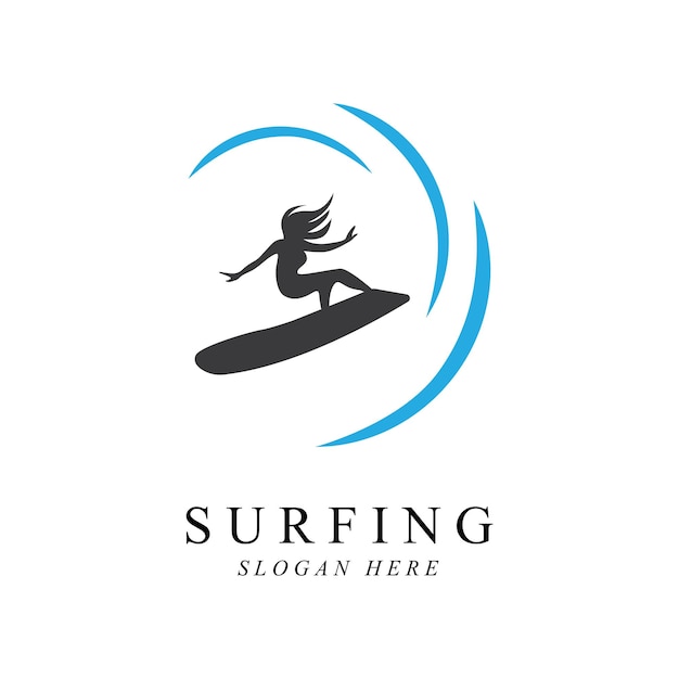 Surfing woman logo vector template design