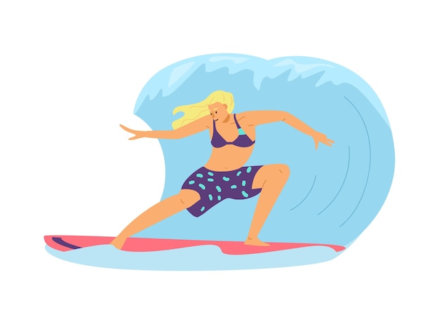 Surfmeisje staat op surfplank en rijdt in blauwe oceaangolven een vectorillustratie