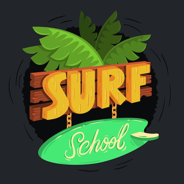 Surfschool Cartooned houten 3D teken Design met tropische bladeren