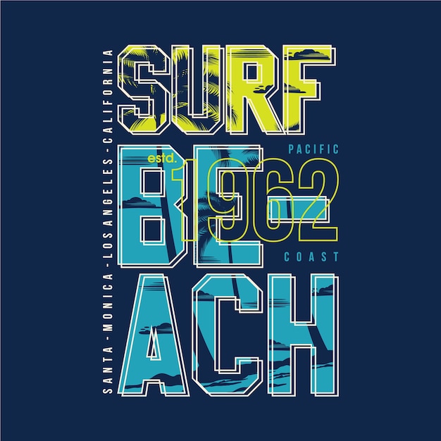 Surfstrand typografieontwerp voor grafische print t-shirt