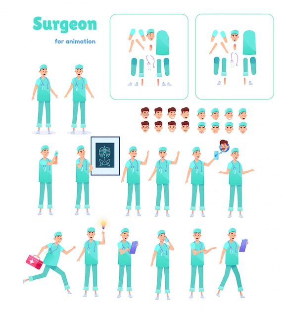 Vettore set di animazione medico chirurgo. specialista medico maschio in varie posizioni impostate.