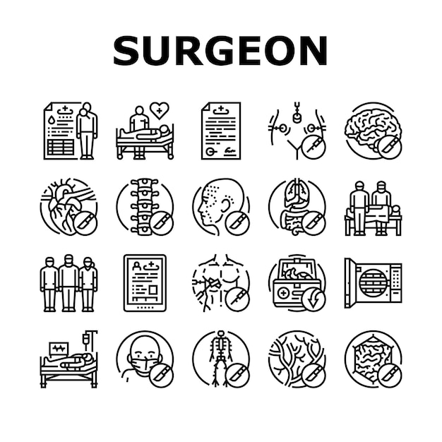 Surgeon doctor hospital icons set vector surgical room surgery medical patient equipment operating mask group team nurse surgeon doctor hospital black contour illustrations