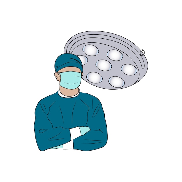 Vector surgeon standing with crossed arms line art doctor in gloves mask and uniform in operating room