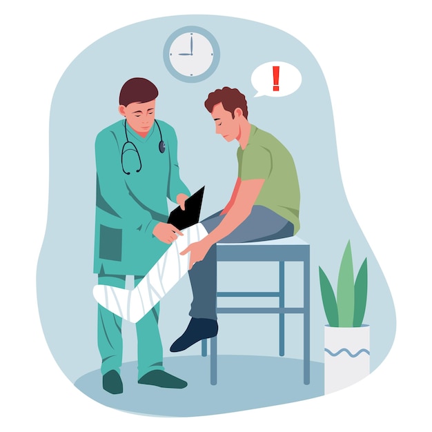 Vector surgeon in teal robe holding clipboard touch male patient leg in cast hospital indoor interior routine work concept of healthcare provision of medical care vector illustration