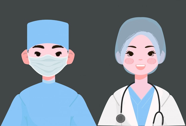 벡터 외과 의사 벡터 일러스트입니다. 균일 한 그림에서 여성 및 남성 의사 외과 의사입니다.