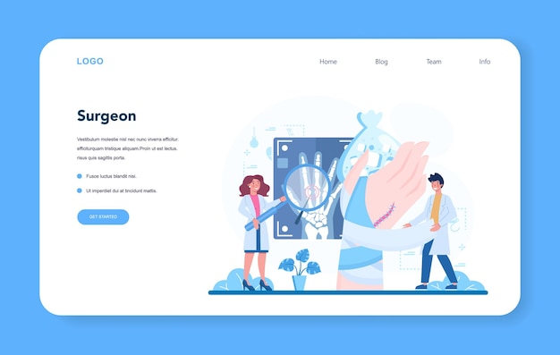 Vector surgeon web layout or landing page. doctor performing medical operations. professional medical specialist. idea of health and medical treatment.