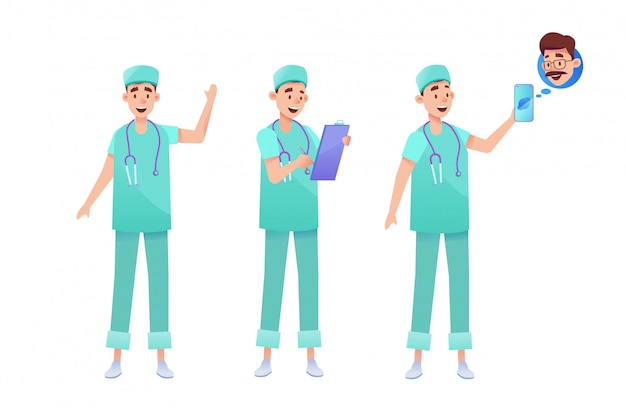 Vector surgeons and doctors in green uniform set. male medical specialist with stethoscope, clipboard talking phone telemedicine.
