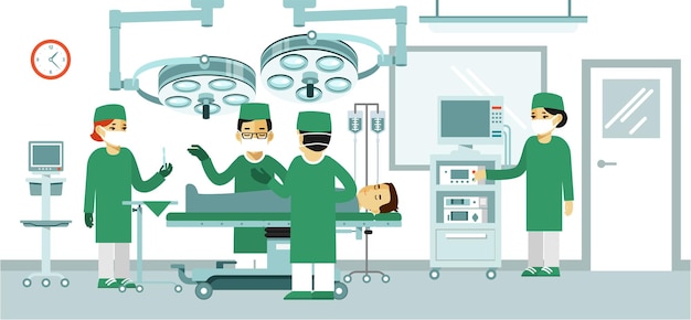 Vettore chirurghi e paziente in sala operatoria