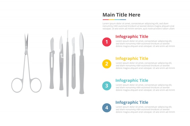 Modello di infographics strumenti strumenti chirurgici di chirurgia con 4 punti di descrizione del testo spazio libero