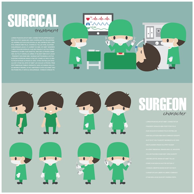 외과 인포 그래픽 요소와 외과 의사 만화 캐릭터의 설정