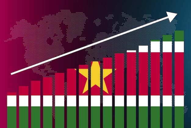 Surinaamse staafdiagramgrafiek, stijgende waarden, concept van landstatistieken, Surinaamse vlag op staafdiagram